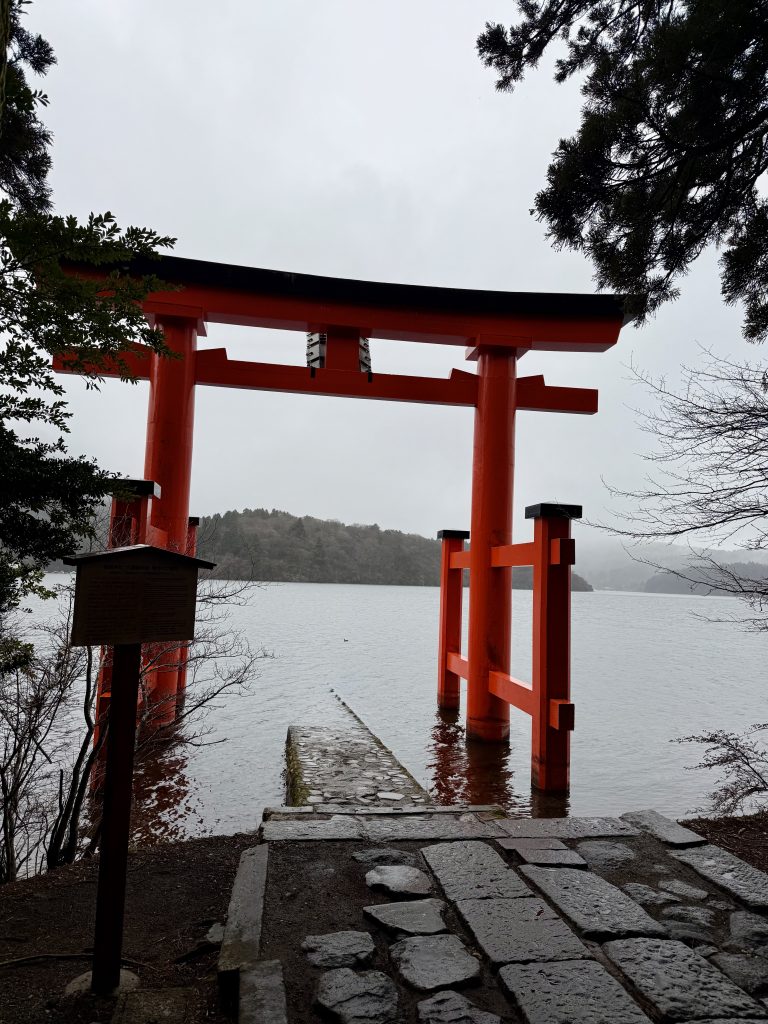 floating tori gate on Lake Ashinoko in Hakone, Japan