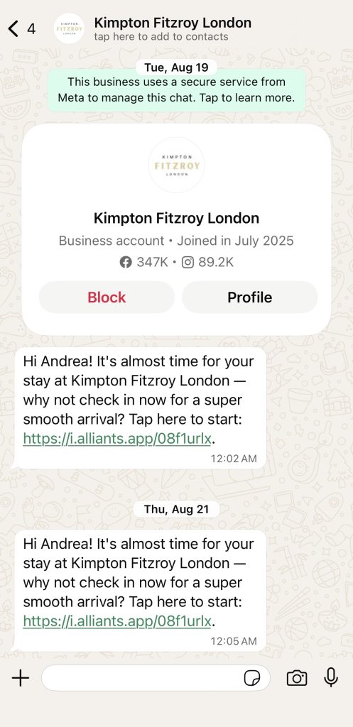 WhatsApp is essential when traveling international, as some hotels like this one use it for check-in and communication.