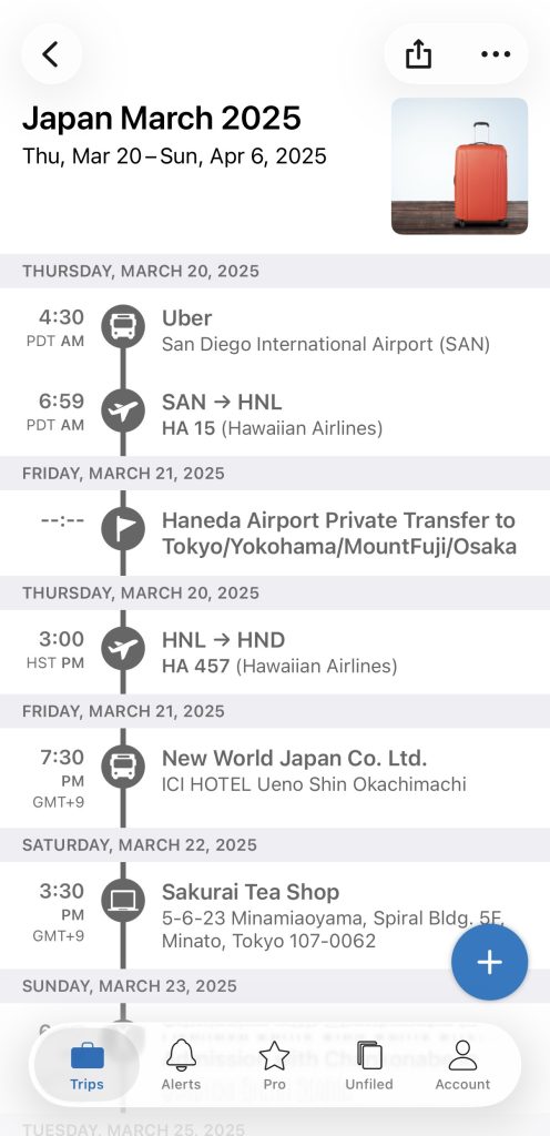 TripIt app is an easy way to see all pieces of your trip in one easy view.